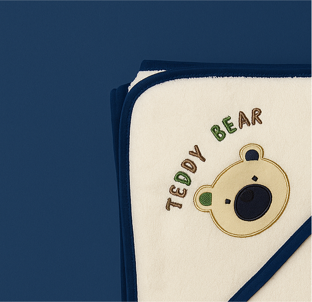 Baby Towel with Hood - Blue Border | Teddy Bear - Imported