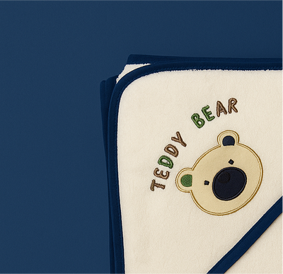 Baby Towel with Hood - Blue Border | Teddy Bear - Imported