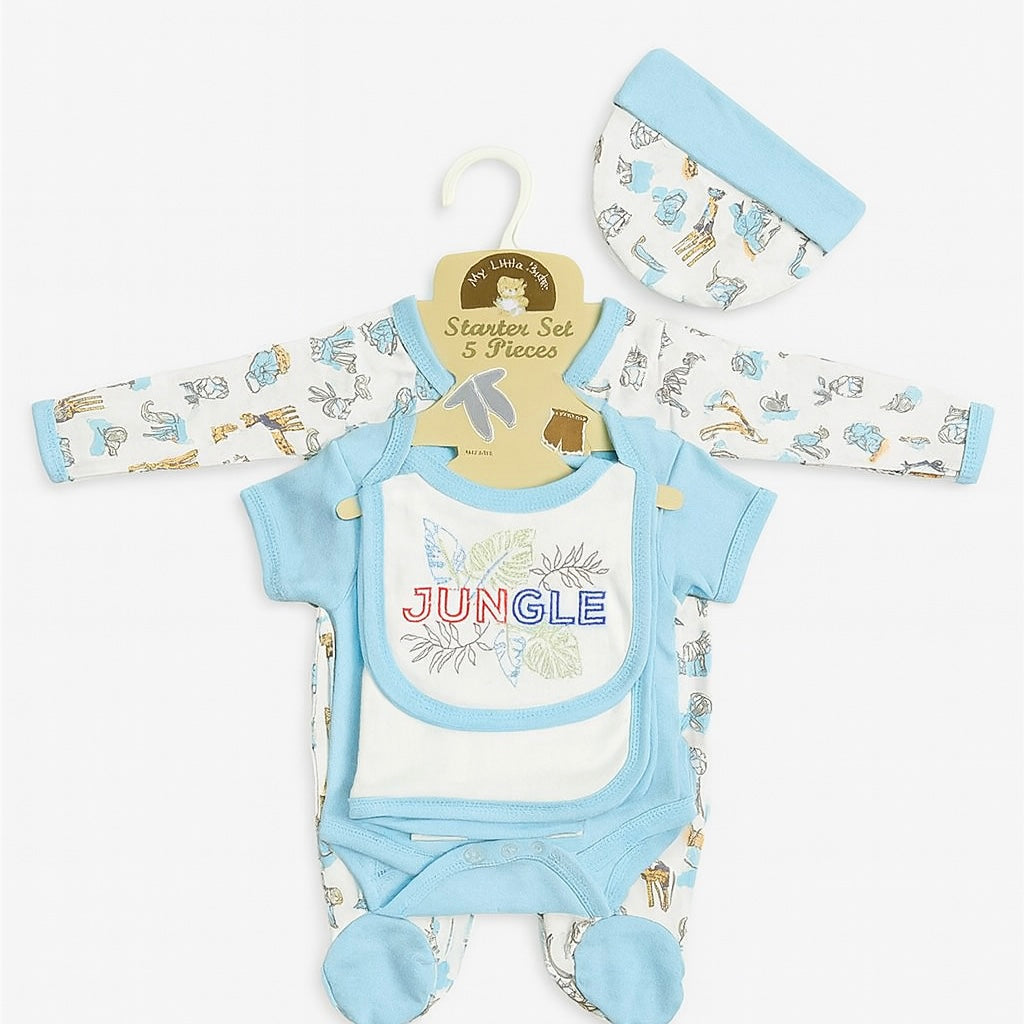 Starter Set for Baby– 5 Piece Light Blue White | Baby Girl and Boy| Gift Set for Baby | Jungle