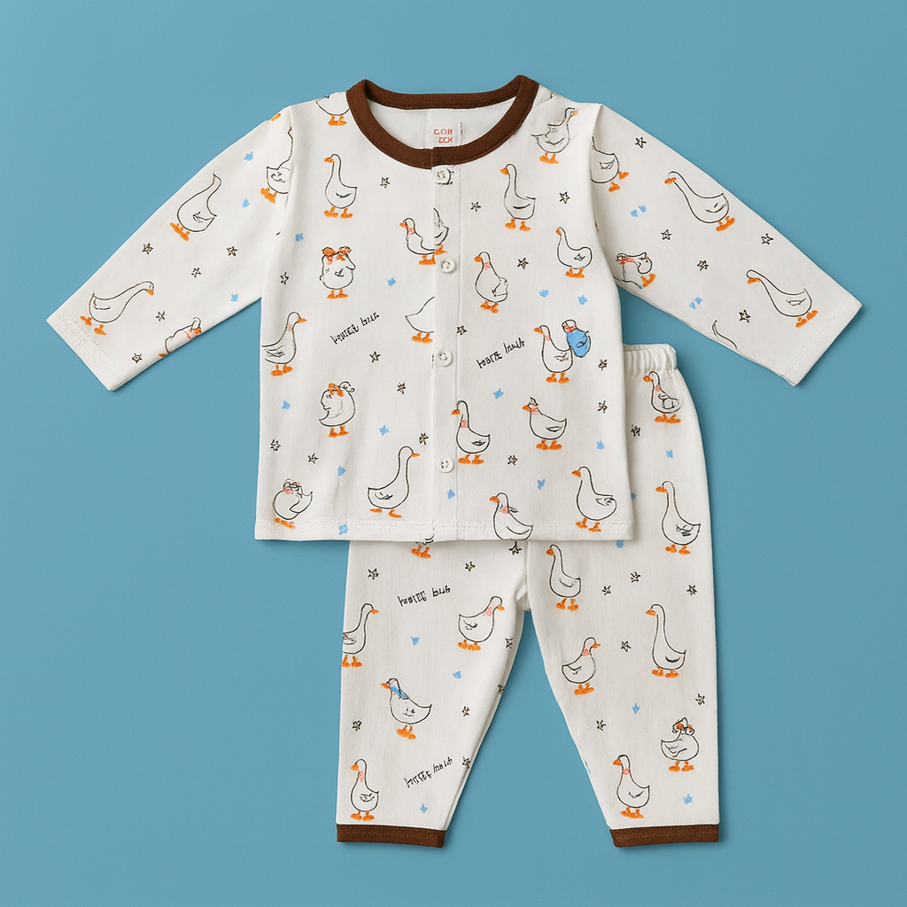 Baby Full Sleeves Pajama Set Cotton | White Brown Duck  | Lounge Wear for Toddlers |
