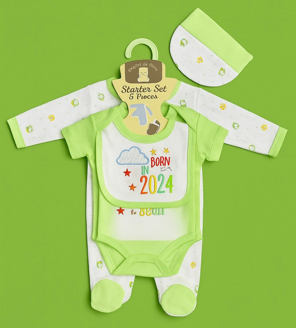 Starter Set for Baby– 5 Piece Green White | Baby Girl and Boy| Gift Set for Baby