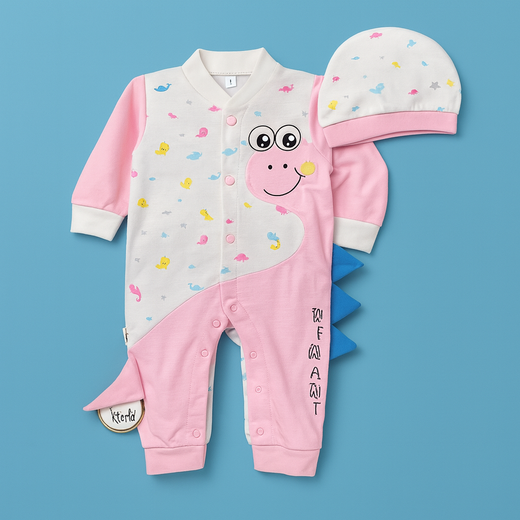 Baby 3 Piece Full Sleeves Romper Set | Cap | Mittens | pink