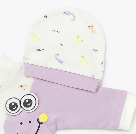 Baby 3 Piece Full Sleeves Romper Set | Cap | Mittens | Purple