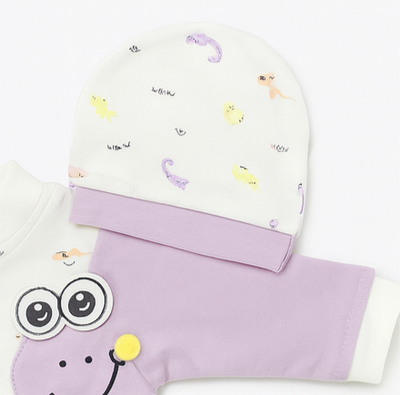 Baby 3 Piece Full Sleeves Romper Set | Cap | Mittens | Purple