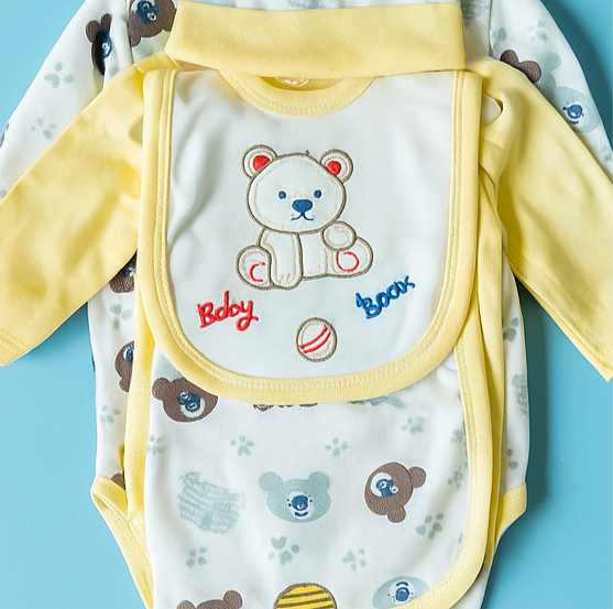 Baby Starter Set – 5 Piece Yellow White Baby Bear | Gift Set for Baby