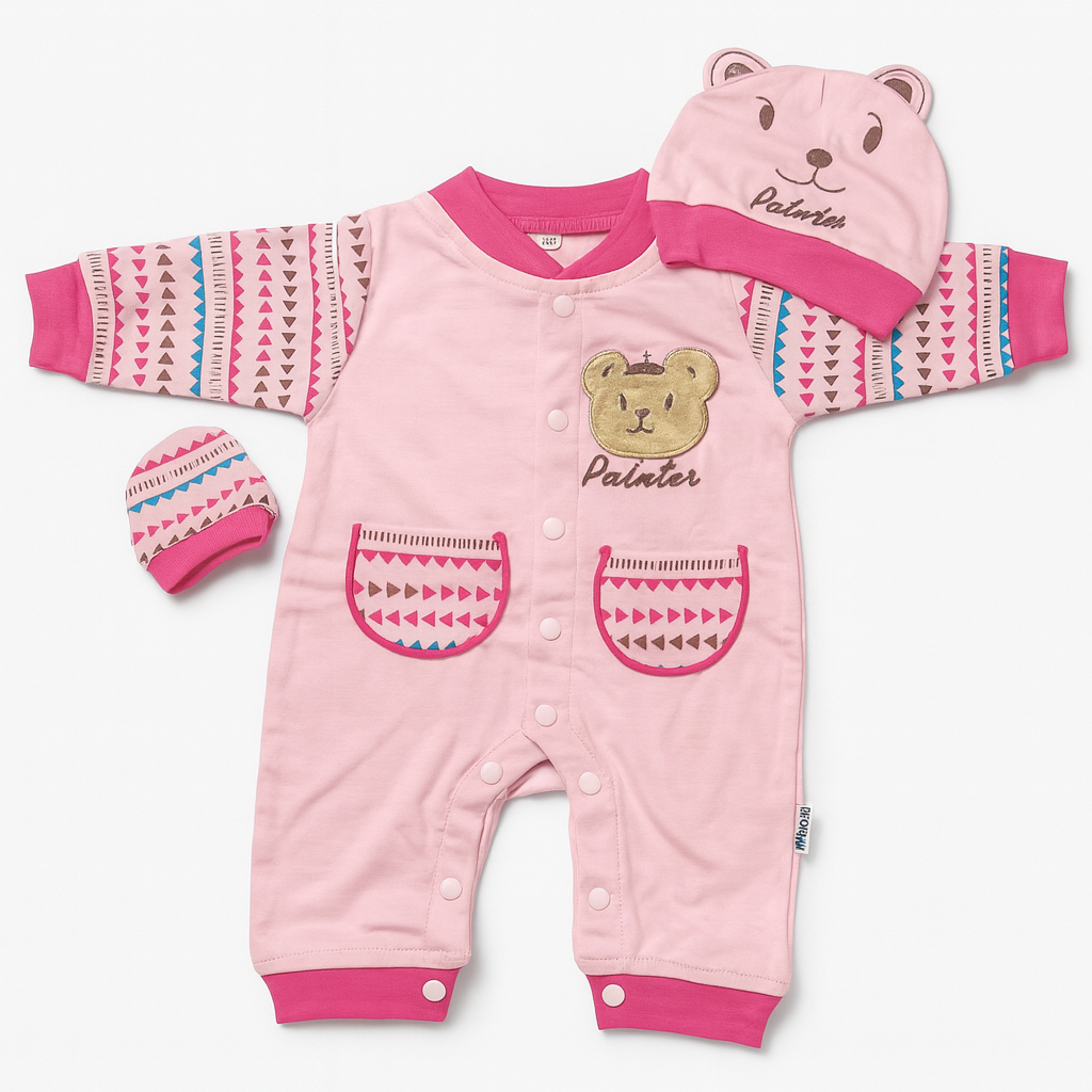 Baby 3 Piece Full Sleeves Romper Set | Cap | Mittens | Pink