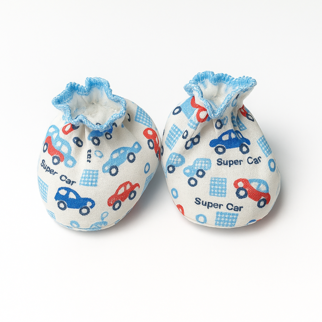 Set of 3 Booties for Baby Boys| Baby Girls | Blue Green Orange Car Design