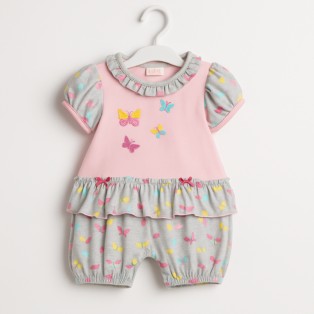 Pink & Grey Butterfly Frock Style Romper Suit for Baby Girls | Imported Baby Girl Clothes in Pakistan