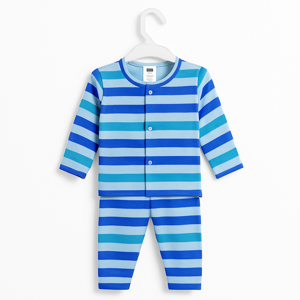 Baby Full Sleeves Pajama Set Cotton | Blue Green Stripes | Lounge Wear for Toddlers | Night Suit