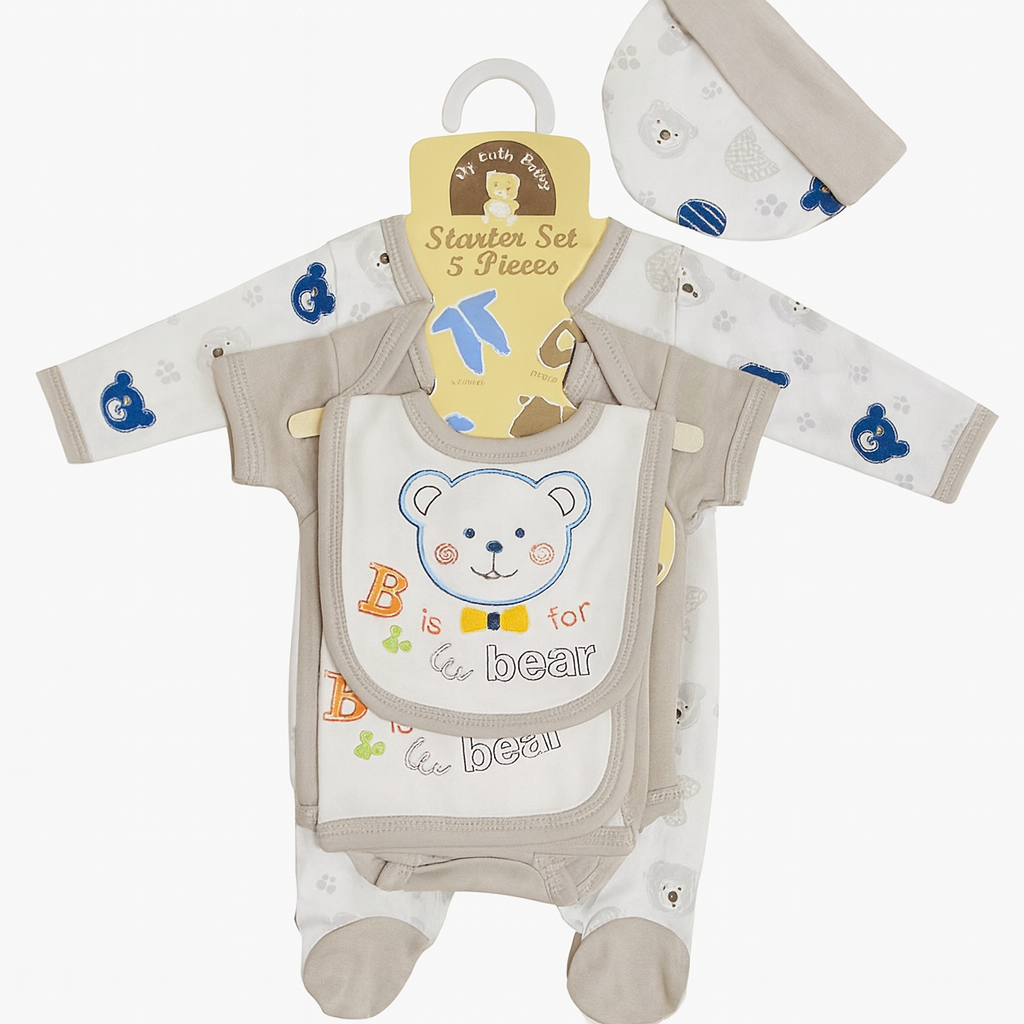 Starter Set for Baby– 5 Piece Grey White | Baby Girl and Boy| Gift Set for Baby |Bear