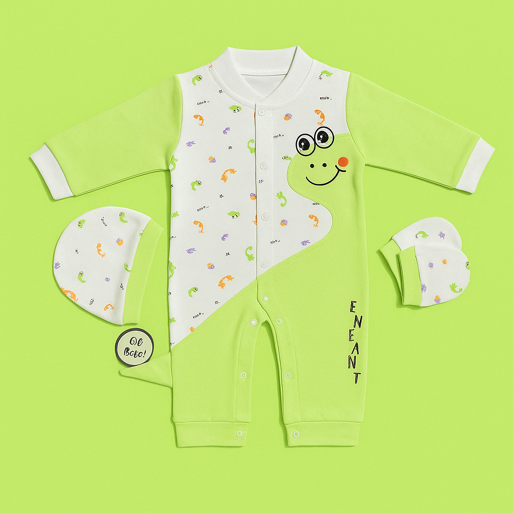 Baby 3 Piece Full Sleeves Romper Set | Cap | Mittens | Green