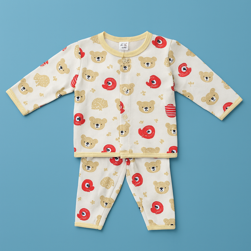 Baby Full Sleeves Pajama Set Cotton | Red Yellow Bear | Lounge Wear for Toddlers
