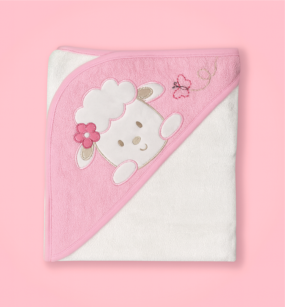 Baby Thick Towel with Hood - Pink White  | Imported