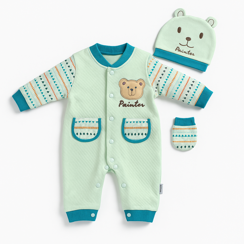 Baby 3 Piece Full Sleeves Romper Set | Cap | Mittens | Green Blue