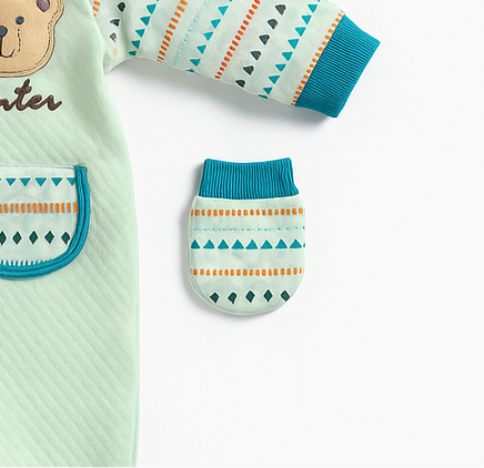 Baby 3 Piece Full Sleeves Romper Set | Cap | Mittens | Green Blue