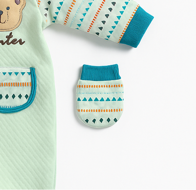 Baby 3 Piece Full Sleeves Romper Set | Cap | Mittens | Green Blue