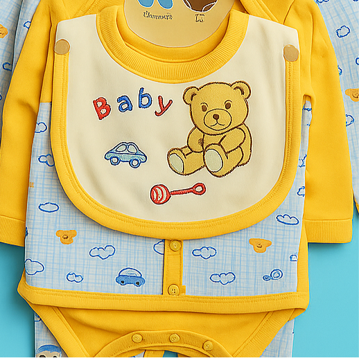 Yellow baby outfit with bib and onesie on a blue background