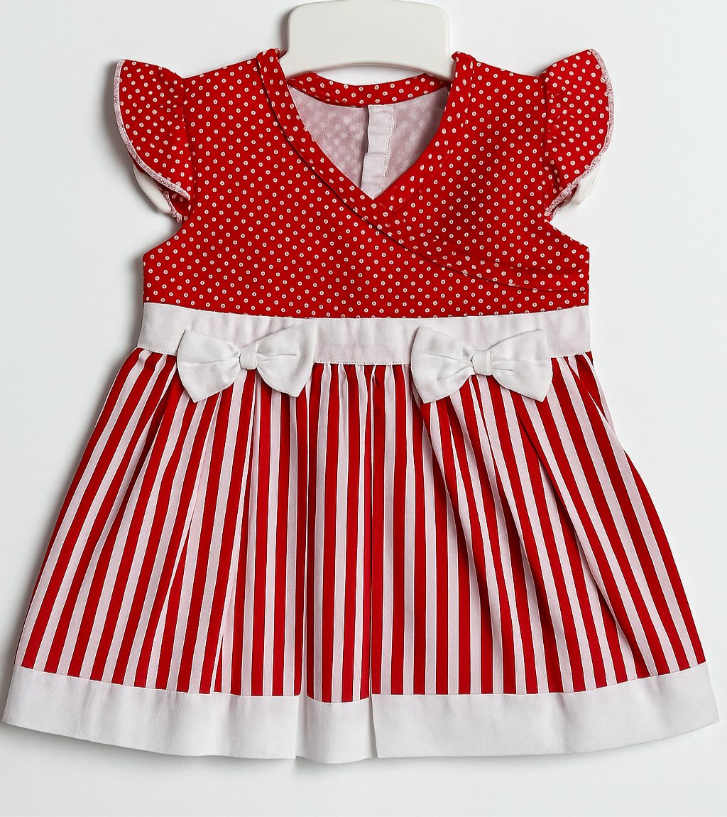 Red Striped & Polka Dot Frock for Baby Girls | Imported Baby Dresses in Pakistan