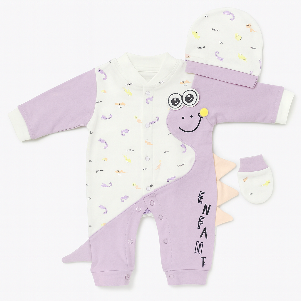 Baby 3 Piece Full Sleeves Romper Set | Cap | Mittens | Purple