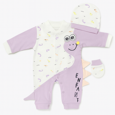 Baby 3 Piece Full Sleeves Romper Set | Cap | Mittens | Purple