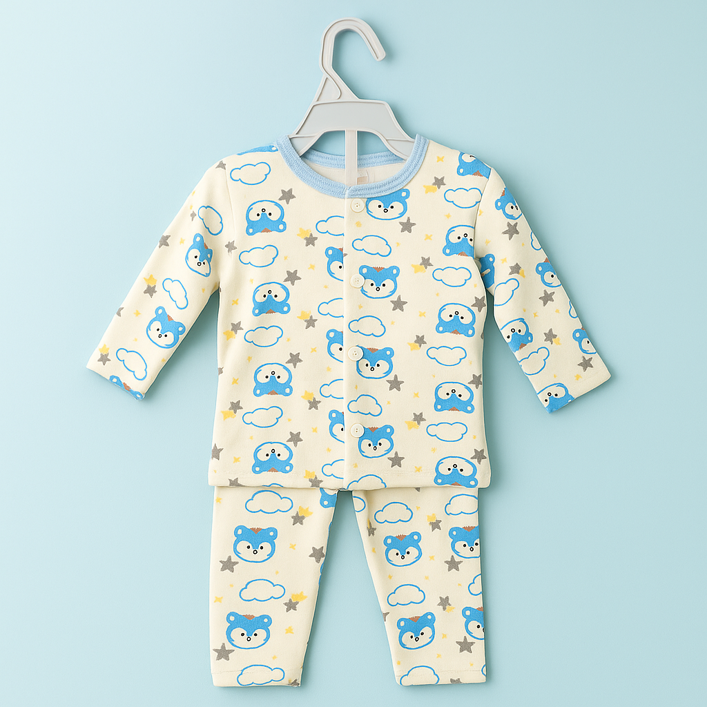 Baby Full Sleeves Pajama Set Cotton | Blue White Bear | Lounge Wear for Toddlers | Night Suit