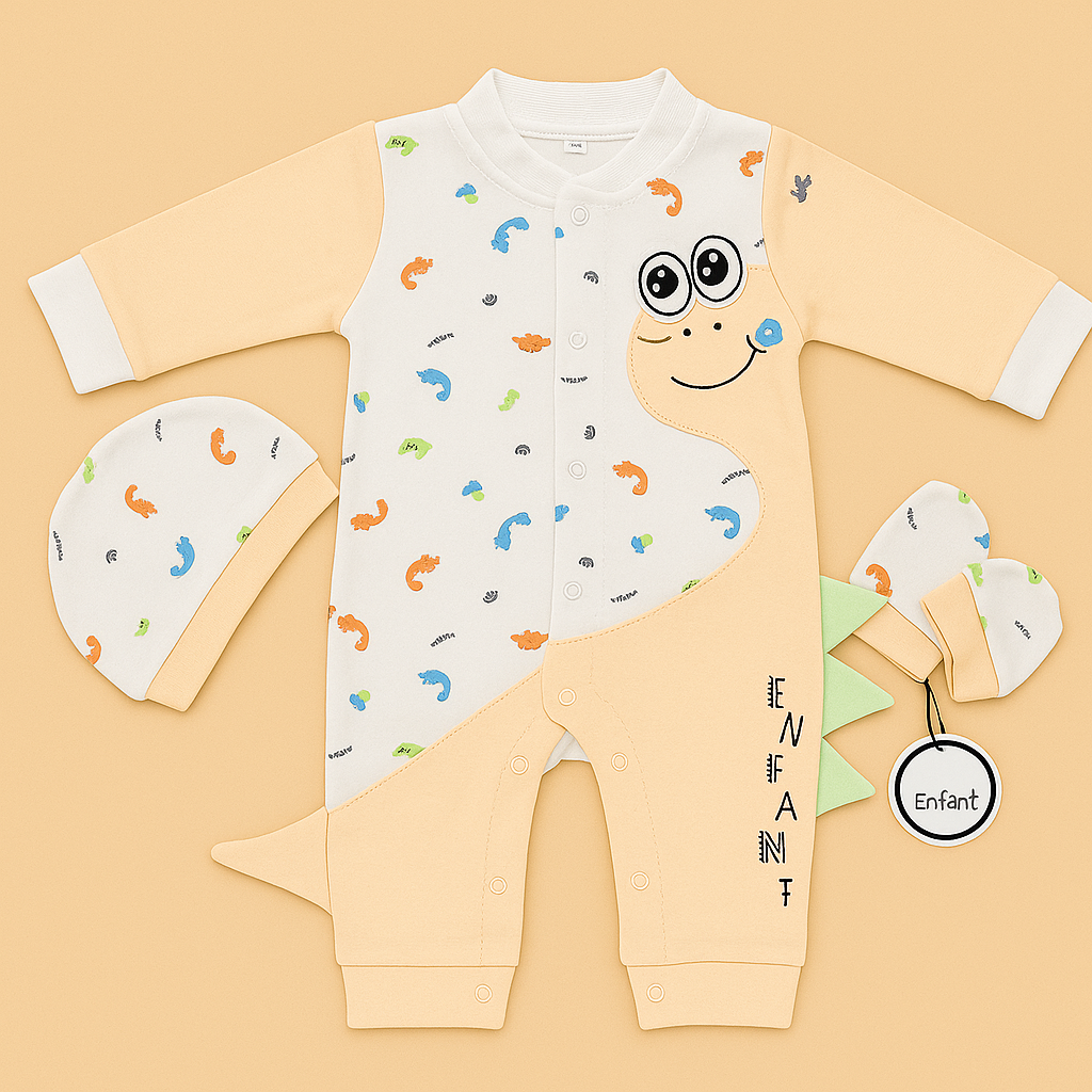 Baby 3 Piece Full Sleeves Romper Set | Cap | Mittens | Orange