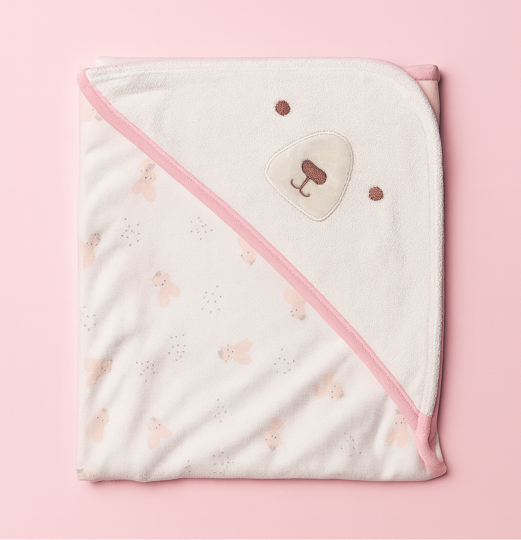Hooded Bath Towel for Baby | New Born Baby Towel | White - Pink | Imported