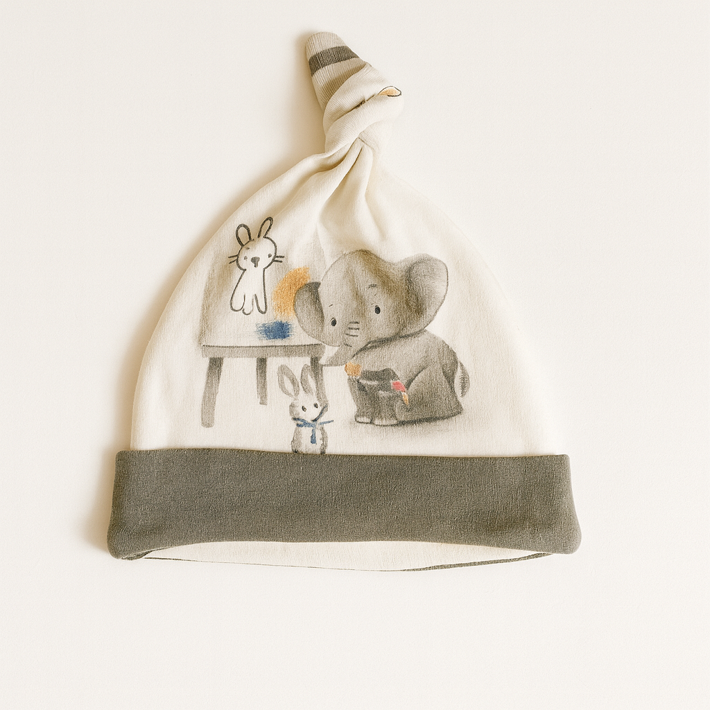Knot Cap for Baby White and Green | Elephant | New Born Baby Cap