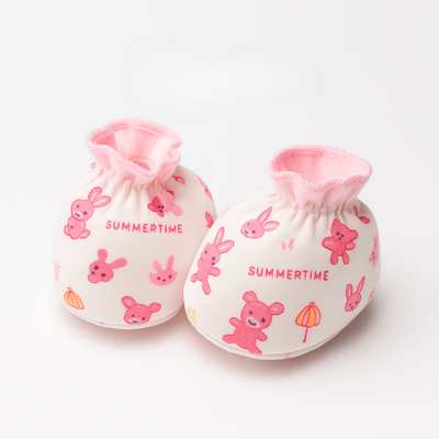 Pair of baby booties with pink bunnies and 'Summertime' text on a white background