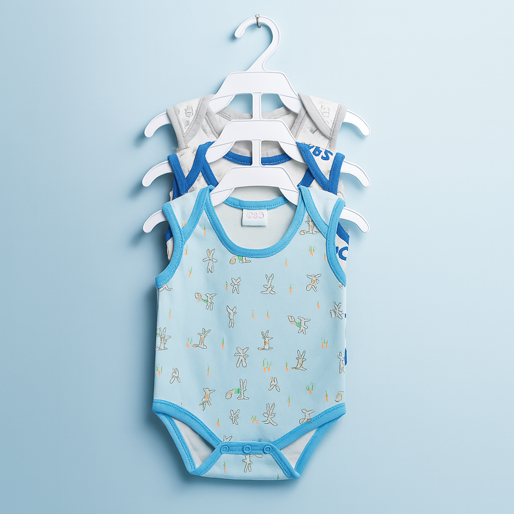 Baby bodysuit with blue trim on a hanger against a light blue background