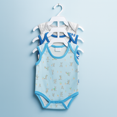 Baby bodysuit with blue trim on a hanger against a light blue background